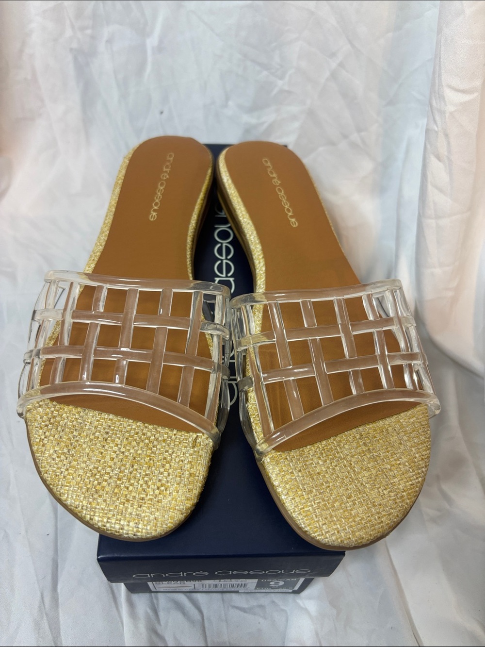 Andre Assous Gold Woven Slide Sandals with Clear Lattice Strap